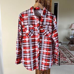 Plaid Long Sleeve Button Down Blouse Split Shirt Size Large Orange / Blue